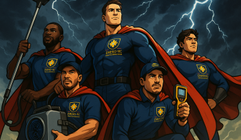 EMERG+NC restoration team styled as superheroes with equipment in storm backdrop