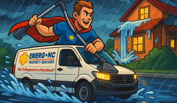 Cartoon restoration technician speeding in van to an emergency water damage site