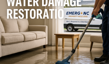 Emergency water damage restoration team responding to flooded Raleigh home with EMERG+NC van