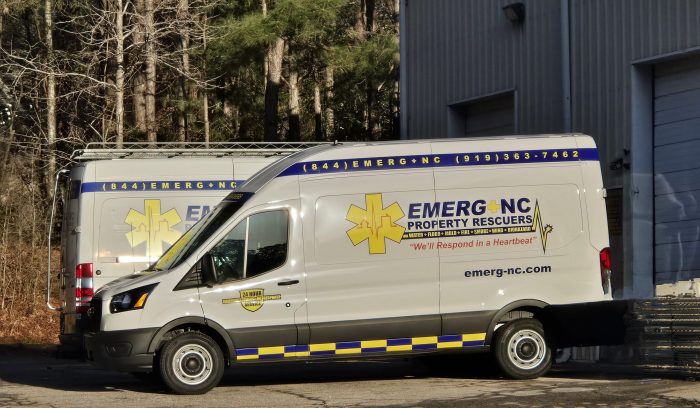 EMERG+NC Property Rescuers team performing emergency water extraction in a flooded residential basement in Raleigh, NC