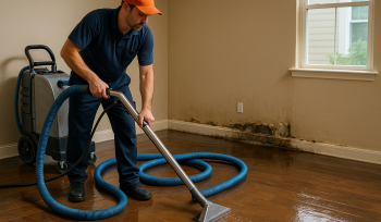 Technician performing professional water extraction on a hardwood floor in a North Carolina home, with visible water damage and mold along the baseboard.