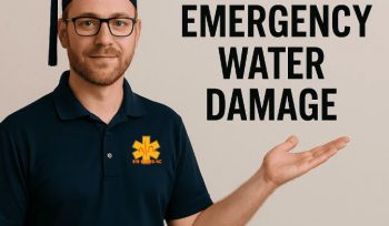 EMERG+NC professional in graduation cap pointing at emergency water damage sign