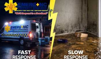 Fast vs slow water damage restoration response in Raleigh NC showing emergency mitigation by EMERG+NC versus delayed damage with standing water and mold