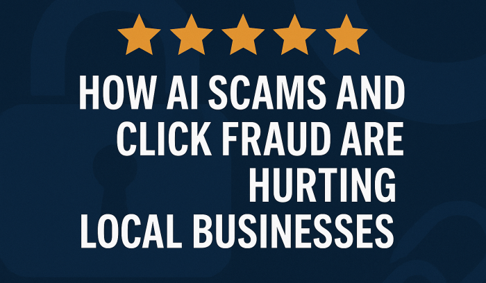 Illustration of a small family-owned business being overwhelmed by AI bots, fake 5-star reviews, and digital advertising symbols.