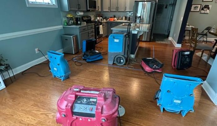 Water damage restoration in Raleigh, NC – EMERG-NC Property Rescuers team performing emergency water extraction and structural drying.