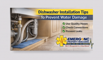 Dishwasher installation showing water supply and drain hose connections to prevent water damage