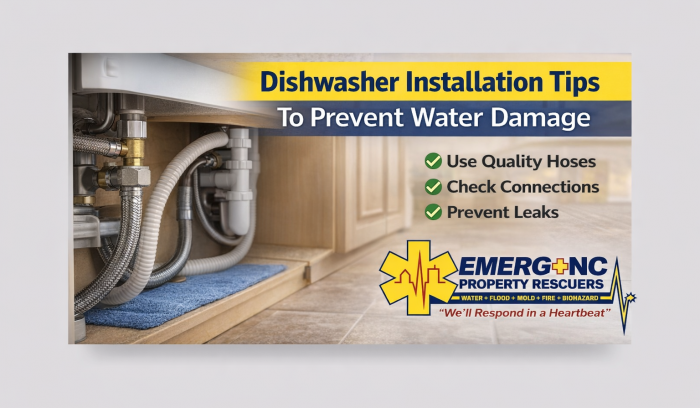 Dishwasher installation showing water supply and drain hose connections to prevent water damage