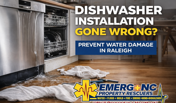 Water leaking from a poorly installed dishwasher causing water damage in a Raleigh kitchen
