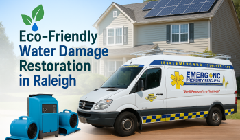 EMERG+NC van providing eco-friendly water damage restoration services in Raleigh with drying equipment and sustainability icon
