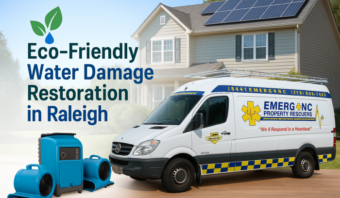 EMERG+NC van providing eco-friendly water damage restoration services in Raleigh with drying equipment and sustainability icon