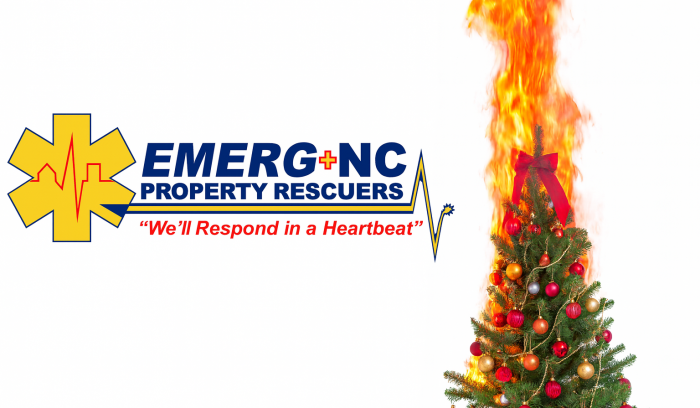 Flaming Christmas tree next to the EMERG+NC Property Rescuers logo representing holiday fire hazards and professional fire damage restoration services.