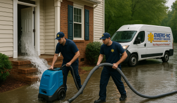 EMERG+NC crew removing water from flooded home while van is parked in background