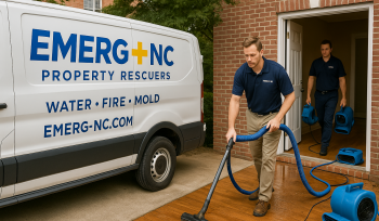 EMERG+NC restoration crew performing emergency flood repair in a flooded Raleigh home