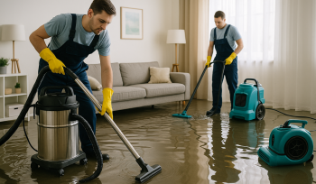 Emergency water damage cleanup team extracting water from flooded home