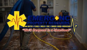 EMERG+NC emergency water damage restoration team performing water extraction in Raleigh NC