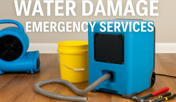 Technicians from EMERG+NC Property Rescuers performing emergency water extraction inside a flooded Raleigh home using professional restoration equipment.