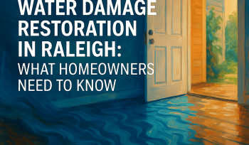 Artistic rendering of water flooding a Raleigh home interior with open door and EMERG+NC branding