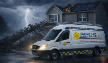 Emergency water damage restoration team responding to storm-damaged home in Raleigh NC during severe weather