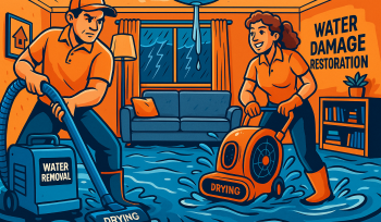 emergency-water-damage-restoration-raleigh-technicians-night-scene-emergnc.jpg EMERG+NC Property Rescuers technician performing emergency water extraction inside a flooded Raleigh home at night, with reflection of blue emergency van lights outside.