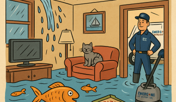 flooded living room with cartoon fish in boots, EMERG+NC technician, and floating pizza box