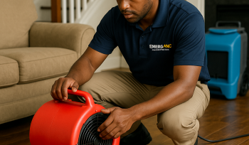 EMERG+NC technician using drying equipment in a residential Raleigh living room