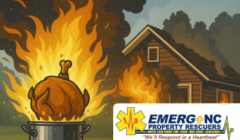 Turkey fryer explosion causing a house fire with EMERG+NC Property Rescuers branded logo