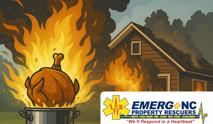 Turkey fryer explosion causing a house fire with EMERG+NC Property Rescuers branded logo