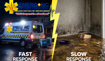 Fast vs slow water damage restoration response in Raleigh NC showing emergency mitigation by EMERG+NC versus delayed damage with standing water and mold