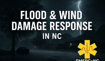 Flooded North Carolina neighborhood during a storm with lightning in the background, EMERG+NC logo in corner, and bold text “Flood & Wind Damage Response in NC.”