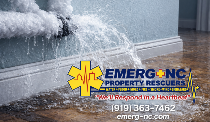 Frozen pipe burst causing water damage inside a North Carolina home with EMERG+NC Property Rescuers providing emergency water damage restoration