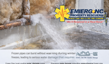 Frozen pipe burst causing water damage inside a North Carolina home with EMERG+NC Property Rescuers providing emergency water damage restoration