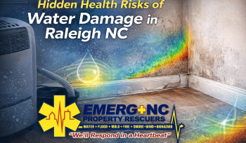 Emergency water damage restoration in Raleigh NC showing indoor moisture and mold health risks handled by EMERG+NC Property Rescuers