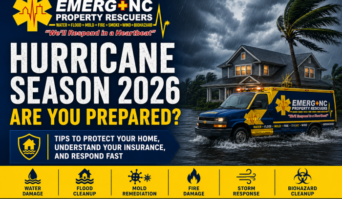 EMERG+NC Property Rescuers hurricane season 2026 storm and flood damage preparedness in Raleigh NC