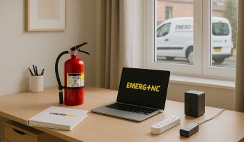 Modern home office protected from water, fire, and electrical damage with EMERG+NC van visible outside window