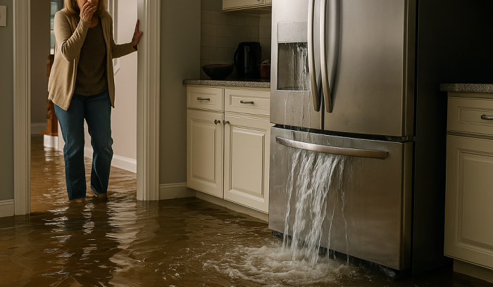 Refrigerator leaking water and flooding a kitchen causing severe water damage
