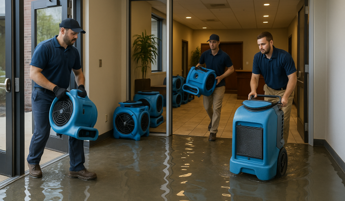 EMERG-NC technicians loading restoration equipment into a flooded commercial building