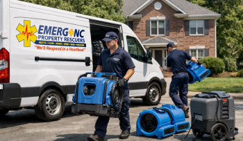 EMERG+NC Property Rescuers responding to residential water damage in Raleigh NC with professional water extraction equipment