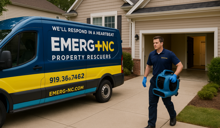 EMERG+NC technician providing water damage restoration services in Raleigh NC
