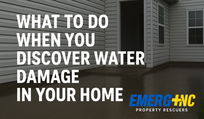 Water damage near a home’s foundation with EMERG+NC logo and tips about water emergencies